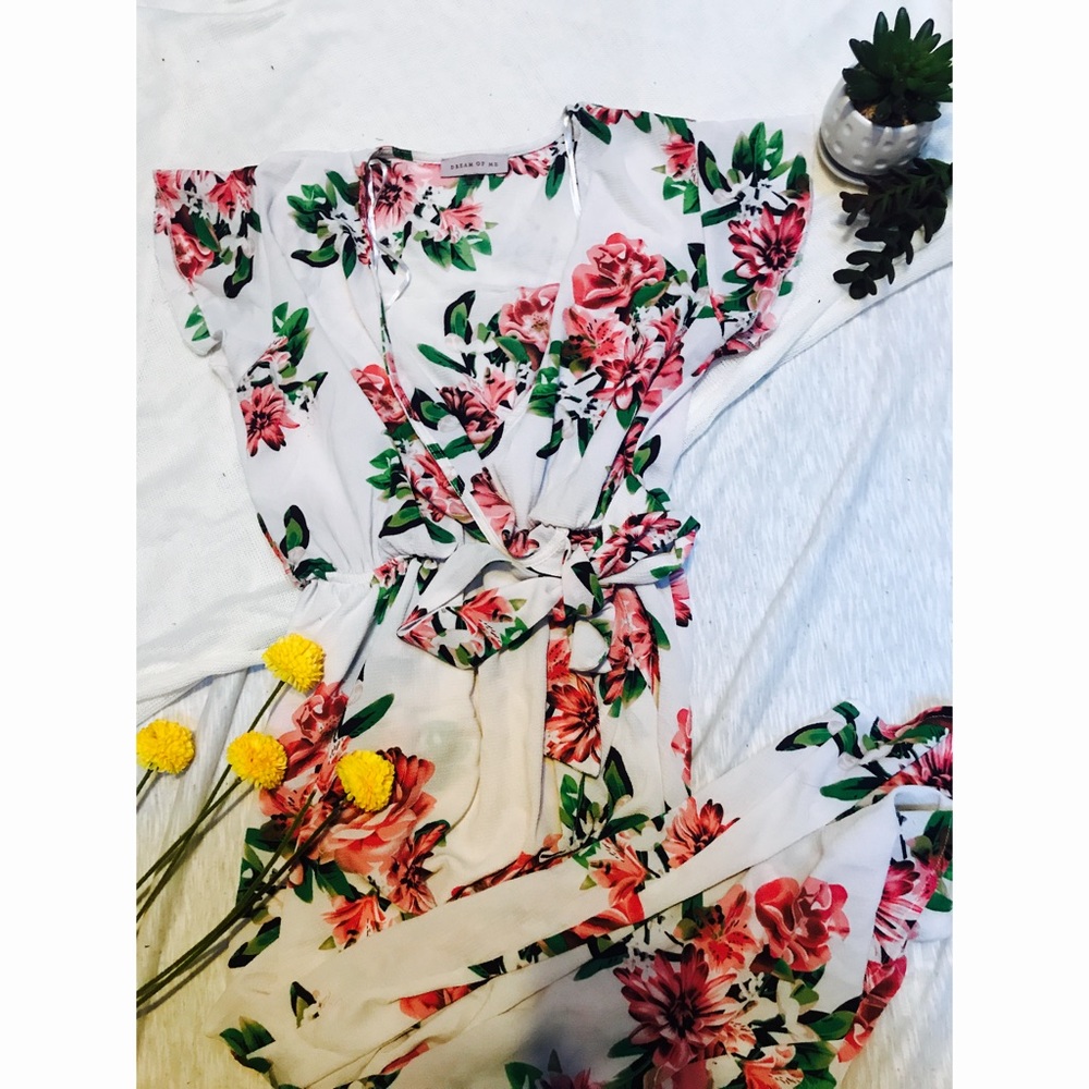 Floral Low Cut Hi-Low White Dress